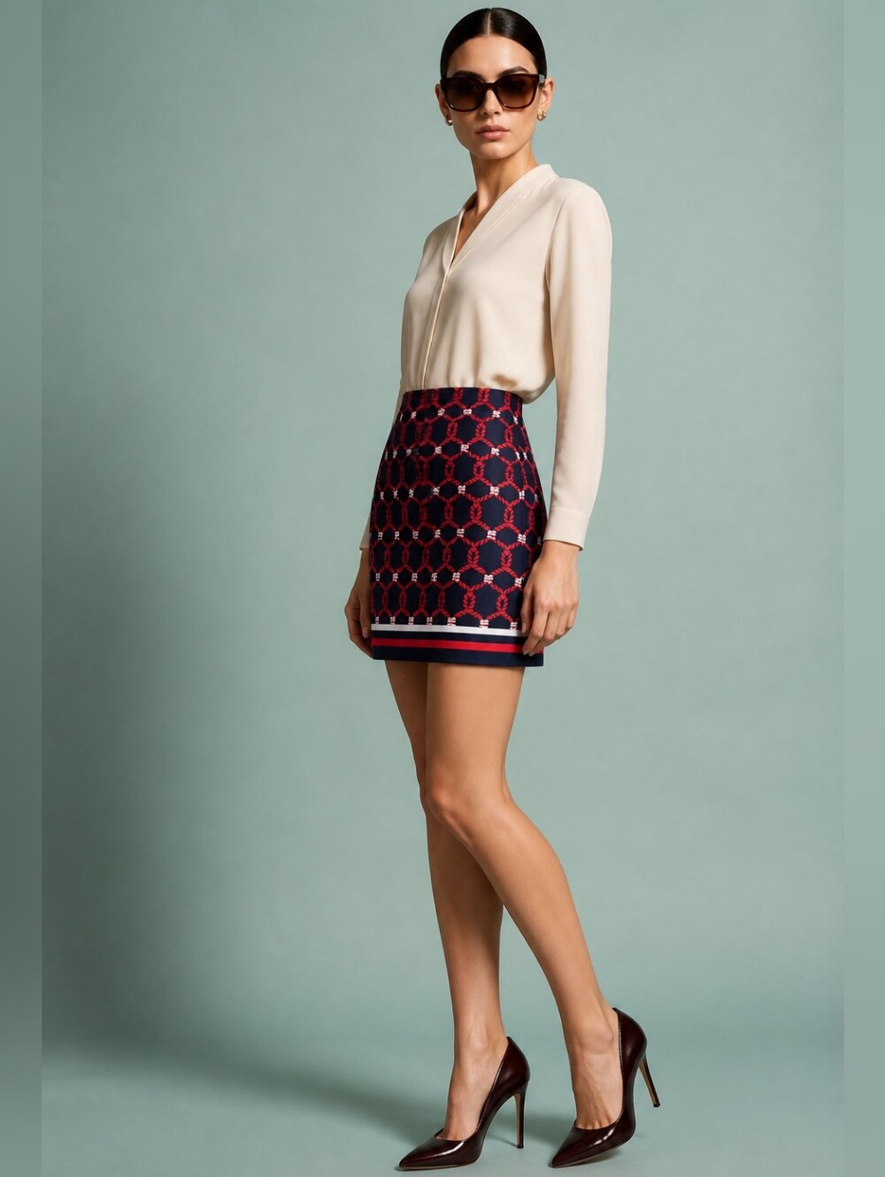 Talbots Navy Skirt with Red Rope Pattern Size 6